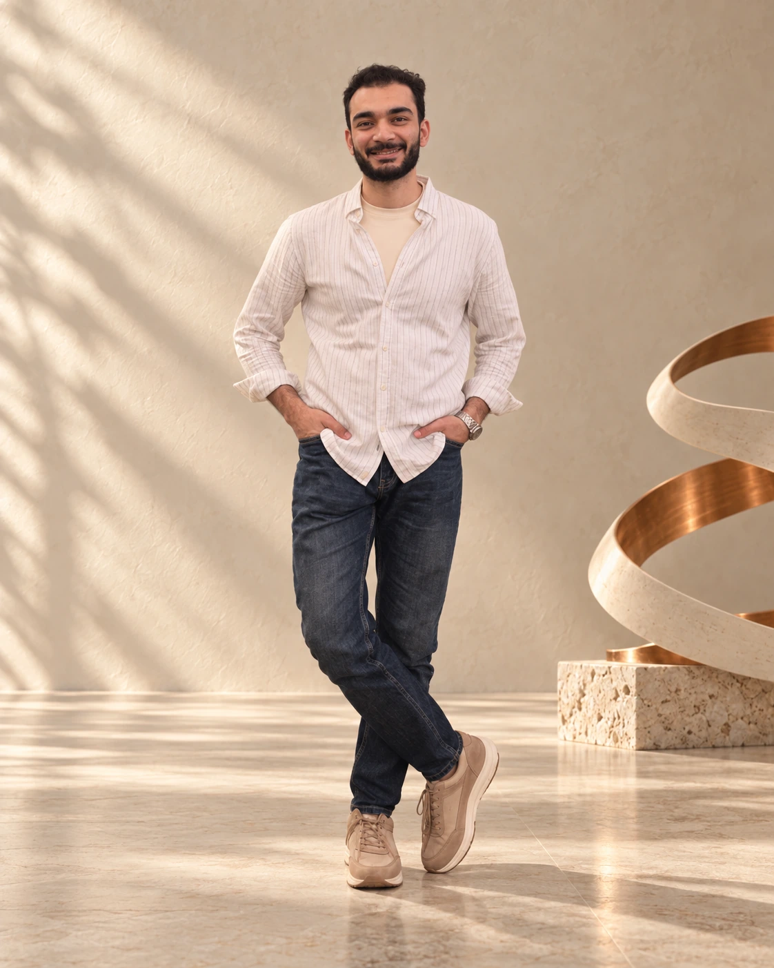 Ahmed Elagamy in a warm ivory studio with a subtle copper sculpture