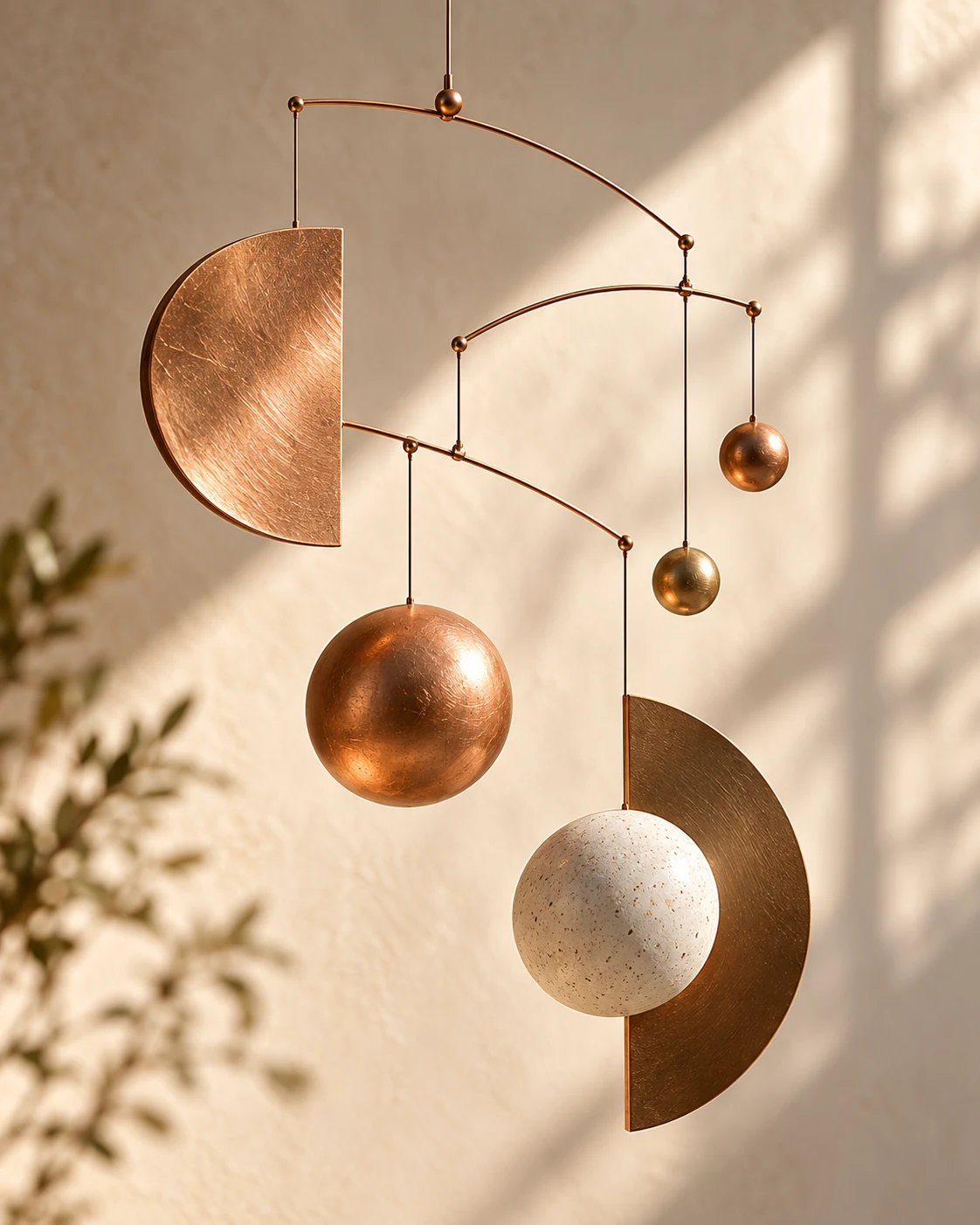 Balanced copper kinetic mobile with branching rods and ceramic spheres
