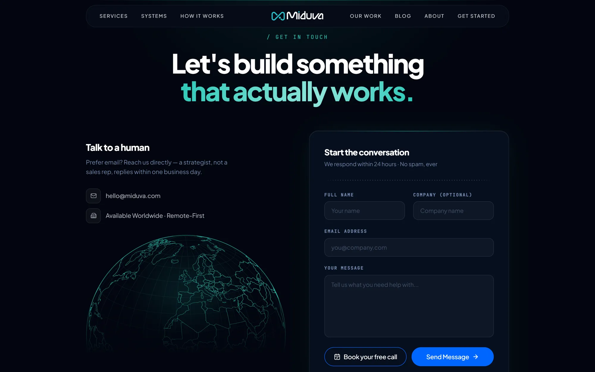 Contact section 'Let's build something that actually works' with a globe graphic, direct email and a message form with book-a-call and send buttons