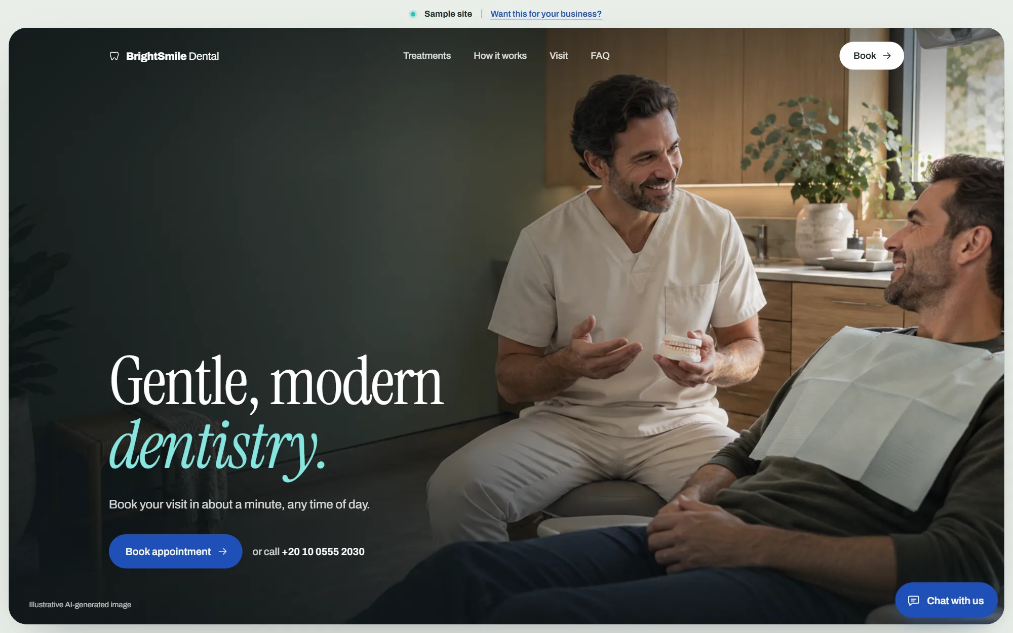 BrightSmile Dental homepage: 'Gentle, modern dentistry' beside a dentist talking with a patient