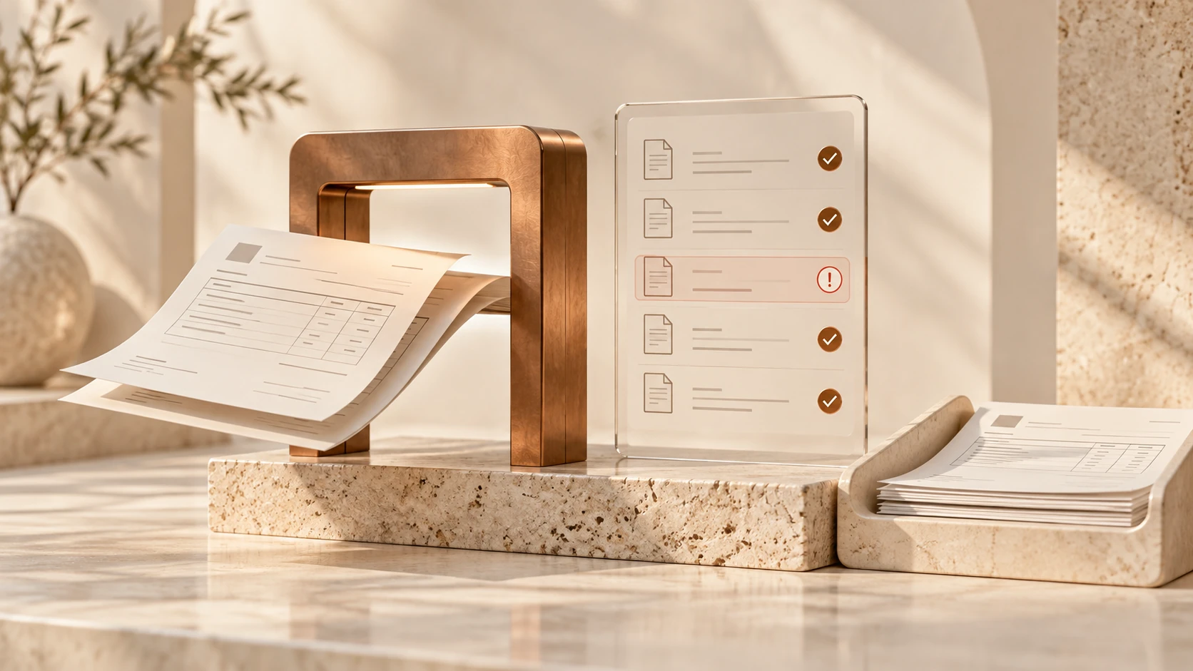 Conceptual Docpilot cover: invoices pass through a copper scanner into a verified line-item report