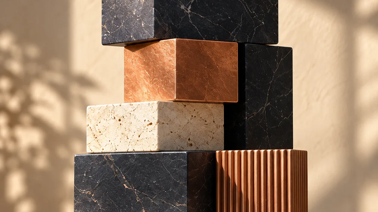Stacked blocks of black marble, travertine and brushed copper in warm light