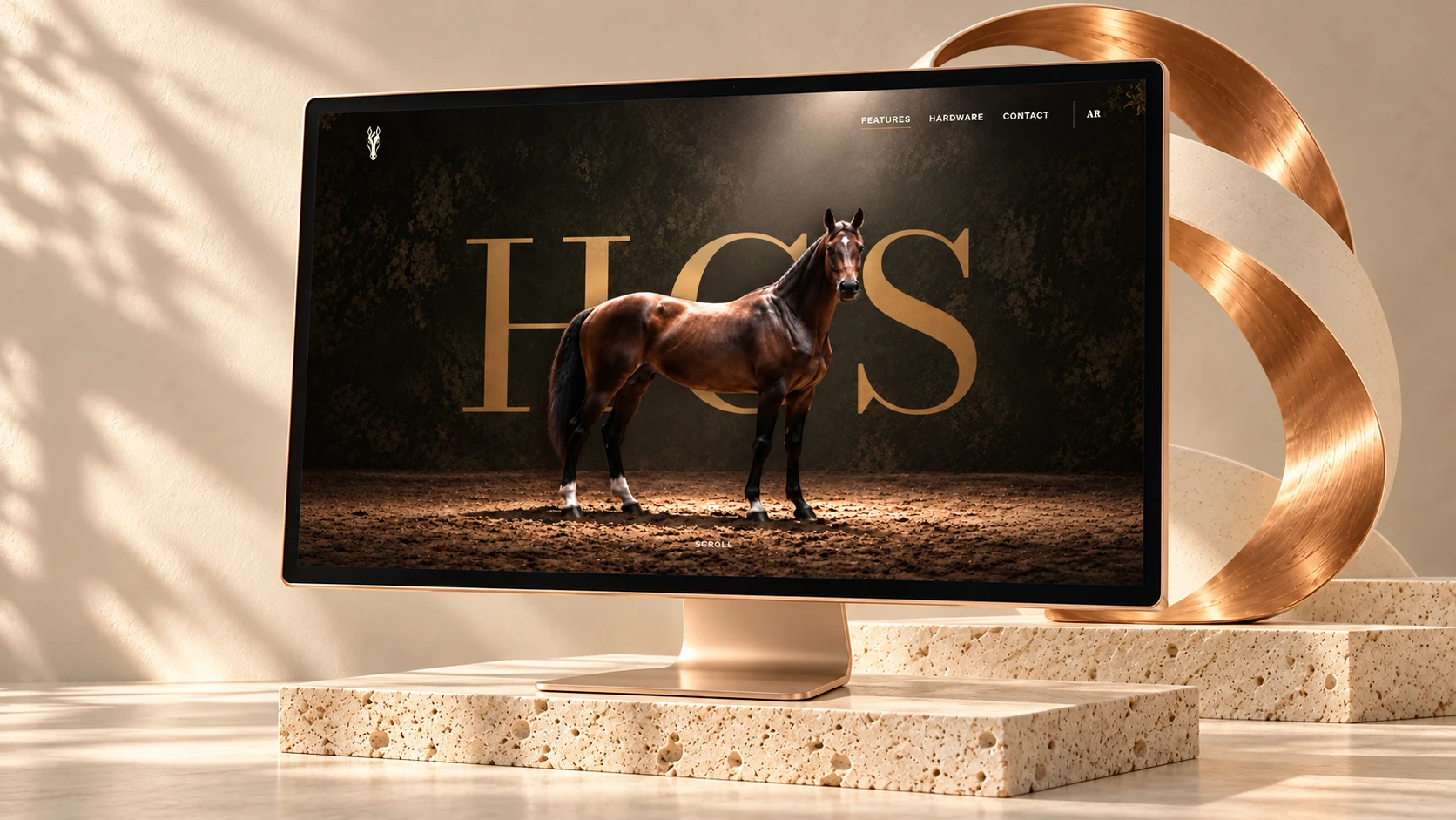 HCS horse monitoring website displayed on a copper monitor in an ivory and travertine studio