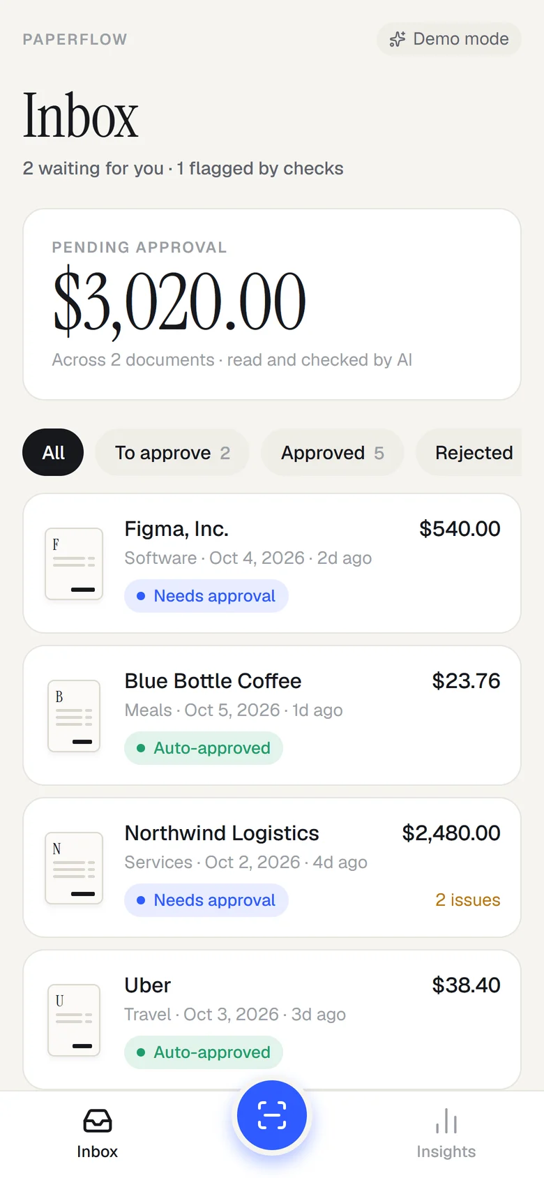 Inbox screen showing $3,020 pending approval and a list of documents with status pills