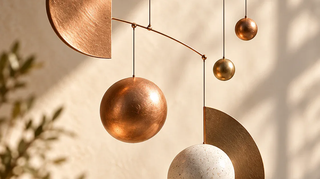 Copper and ceramic spheres hanging from a balanced copper kinetic mobile