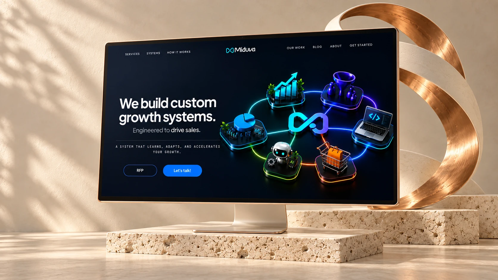 Miduva growth systems website displayed on a copper monitor in an ivory and travertine setting