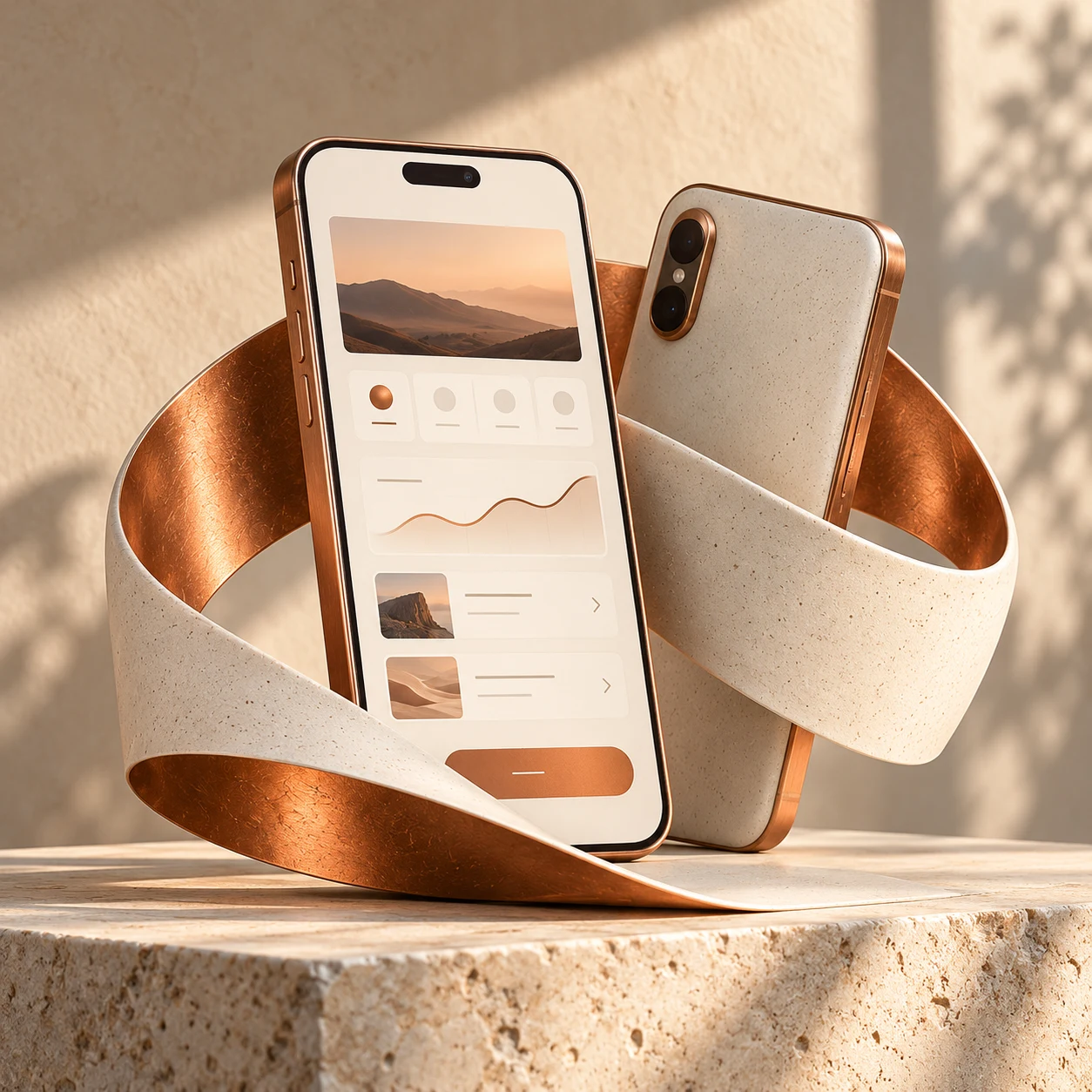 Copper-framed mobile app screens framed by a sculptural ivory ceramic ribbon