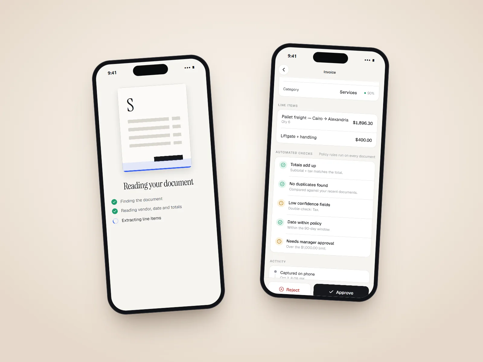 Two phones: one reading a document with a progress checklist, one showing line items and automated policy checks