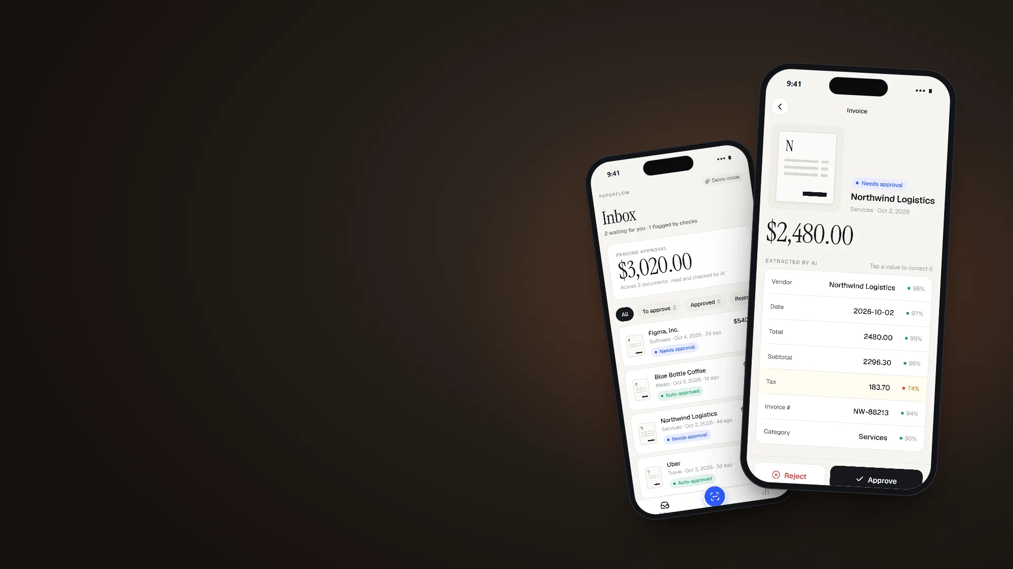 Three phones showing the Paperflow inbox, an invoice review with AI confidence scores, and spend insights