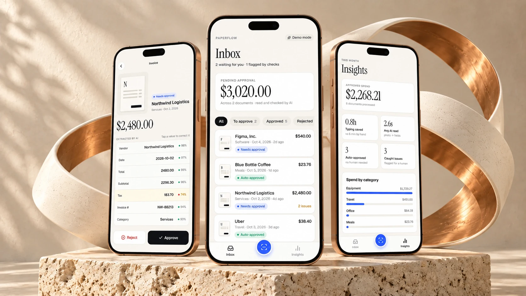 Paperflow inbox, invoice review and spend insights on three phones with ivory and copper sculpture
