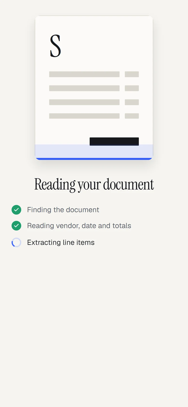 Reading screen with a document preview, a blue scan line and a progress checklist