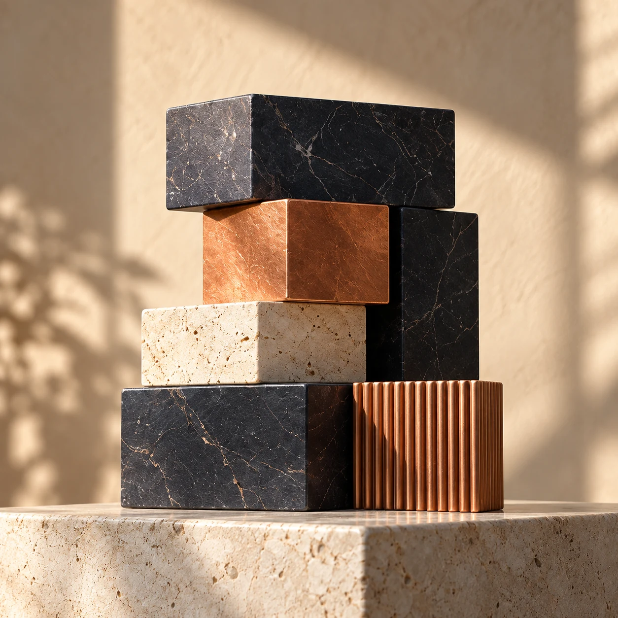 Modular tower of black marble, travertine and brushed copper blocks