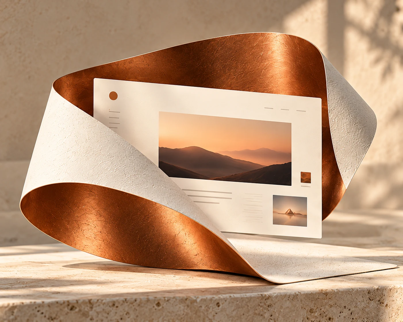 Folded copper and ivory ribbon framing a refined website interface