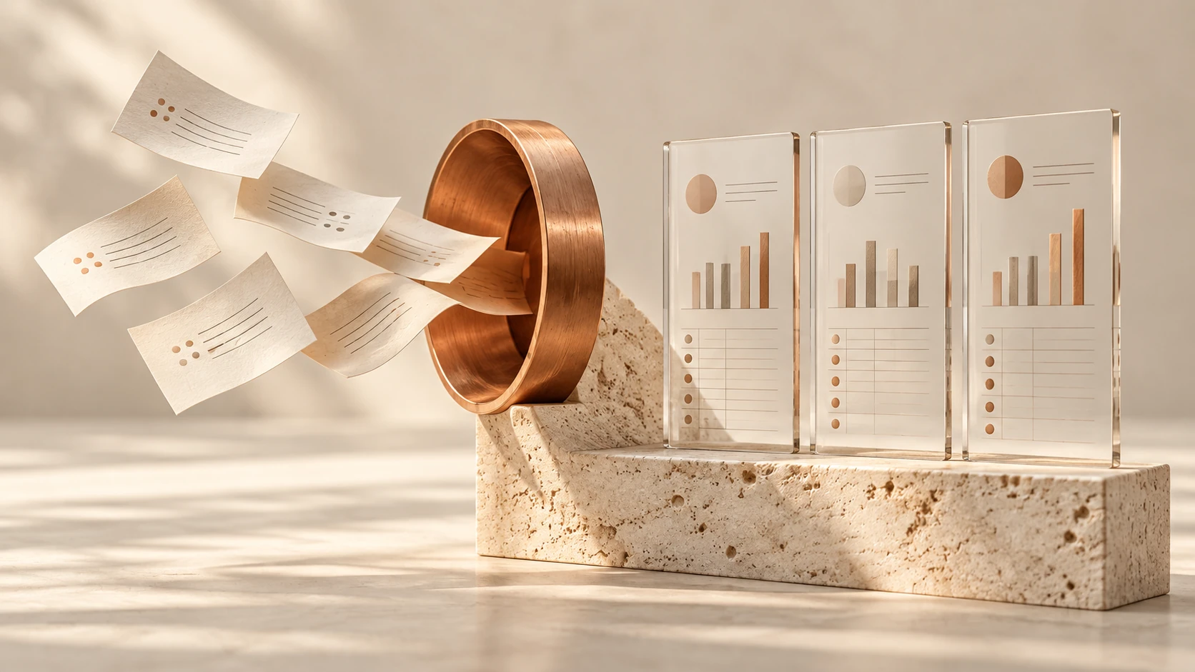 Conceptual WSS cover: paper feedback passes through a copper ring into structured glass report panels